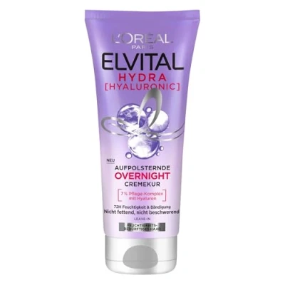 Obrázek L&#039;Oréal Paris Elvital Hydra Hyaluronic hydratační vlasová maska pro lesklé vlasy, Leave In obnovení vlhkosti a ochranu přes noc, dlouhodobá vlhkost péče, 200 ml