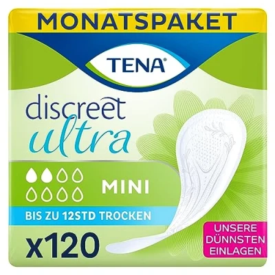 Obrázek TENA Discreet Mini 120 vložek v měsíčním balení (6 x 20 kusů), jednotlivě zabalené hygienické vložky pro ženy při mírné slabosti močového měchýře, inkontinenci a ztrátě kapek