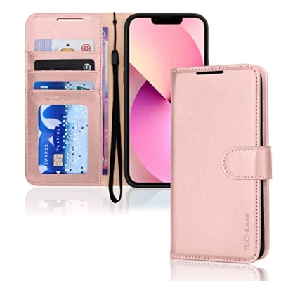 Obrázek TECHGEAR pouzdro na iPhone 13 Mini kůže PU Flip ochranné kožené [peněženka] mobil se stojanem a poutkem ruku růžové kompatibilní s