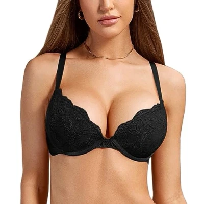 Obrázek DOBREVA Damen Push Up BH Mit Spitze Gepolstert Plunge Bügel Vollschalen BHS Gemoldete Cups Schwarz 80D