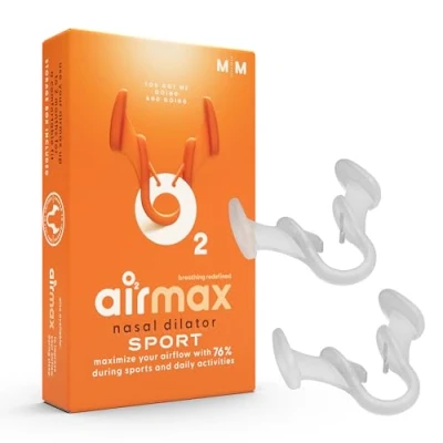 Obrázek AIRMAX Sport Nosní dilatátor Pro uvolněné dýchání nosem při sportu rozprostře křídla nosu s úložnou dózou (2 kusy, velikost M)