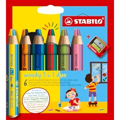 Obrázek duo pastelky, vodové barvy a voskovky STABILO woody 3 v 1 dvoubarevná náplň balení 6 ks s ořezávátkem se tužkami 12 různými barvami