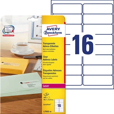 Obrázek AVERY Zweckform L7562 25 adresní štítky/nálepky na adresy (400 etiket, 99,1 x 33,9 mm A4, potiskovatelné, samolepicí, pro DIN C6 dopisní obálky, průhledná polyesterová fólie) listů, transparentní