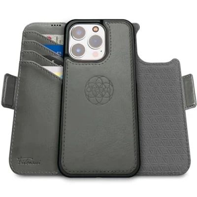 Obrázek Dreem Fibonacci kompatibilní s iPhone 15 Pro pouzdro na peněženky / 2 v 1 nárazuvzdorné a odnímatelné z veganské kůže, MagSafe, ochrana RFID [šedá]