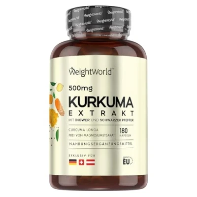 Obrázek kapsle s extraktem z kurkumy 500 mg kurkumového extraktu 95% kurkuminem 180 kusů po dobu 6 měsíců kurkuma se zázvorem a černým pepřem (piperin) pro vysokou biologickou dostupnost