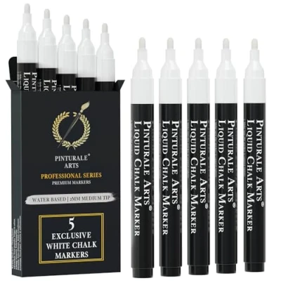Obrázek Pinturale Arts Set 5 Kreidestift Weiß 2mm Spitze Kreidemarker Weiss Kreidestifte Für Tafel Abwaschbar, Fenster, Glas, Metall, Keramik Chalk Marker