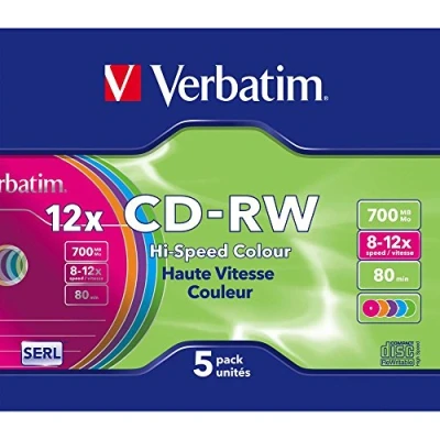 Obrázek Verbatim CD RW 700 MB, balení 5 ks Slim Case pestré, polotovary popisovatelné, 52násobná rychlost hoření s dlouhou životností, prázdné CD, audio