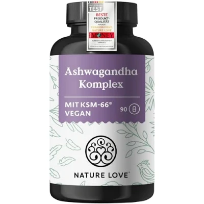Obrázek NATURE LOVE® Komplex Ashwagandha 600 mg v denní dávce 90 kapslí s KSM 66, hořčíkem, kyselinou listovou a vitaminem C B6 ve vysokých dávkách veganských vyrobeno Německu