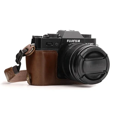 Obrázek MegaGear MG958 Ever Ready kožená brašna na fotoaparát s popruhem kompatibilní Fujifilm X T30, T20, T10 tmavě hnědá