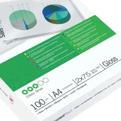 Obrázek GBC laminovací fólie A4 75 mic, robustní kapsy v balení po 100 kusech, lesklé, průhledné, ideální do kanceláře a školy, 3740400