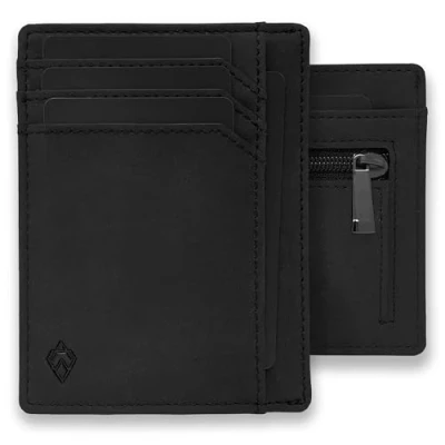 Obrázek AKIELO RFID blockerande Kreditkorthållare Och Presentlåda Ultra Slim Plånbok för Män Minimalistisk Kortplånbok (kolekce Bravo), 04. Černý výstup se zipem, Minimalistická