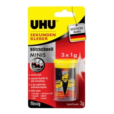 Obrázek UHU Vteřinové lepidlo MINIS super rychlé a extrémně silné tekuté v praktických mini tubách 3 x 1 g