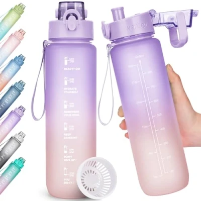 Obrázek AOHAN láhev na pití, 1l vodu bez BPA, sportovní zabezpečená proti vytečení, s označením času pro fitness, kancelář, školu, jógu, outdoor