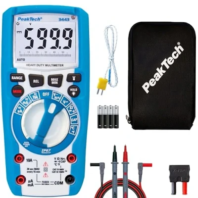 Obrázek PeakTech 3443 digitální multimetr s LED lampou, vodotěsný (IP67), 6000 Counts, extrémně robustní kryt, ruční multimetr, měřič napětí, zkoušečka průchodnosti, měření, měřicí přístroj CAT III 1000