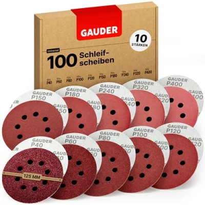 Obrázek GAUDER Profesionální sada brusných kotoučů pro excentrickou brusku Ø 125 mm 100 kusů brusného papíru suchý zip 8 otvorů listů kulatých po 10 x 40/60/80/100/120/150/180/240/320/400
