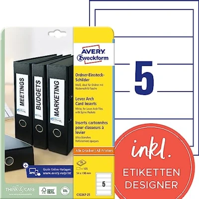 Obrázek AVERY Zweckform C32267 25 hřbety pořadačů (125 štítků na hřbetu pořadačů, 54 x 190 mm A4, lze potisknout, k zasunutí pro široké/krátké pořadače, mikroperforace, kvalitní karton) listů, bílé