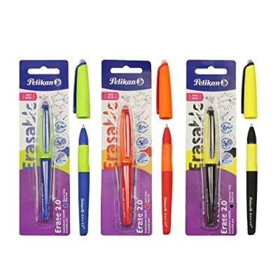 Obrázek Pelikan Erase 2.0 ergonomické gumovatelné inkoustové pero, barva černá, červená a modrá, pro praváky i leváky, do školy, doplňovatelné, 3 kusy