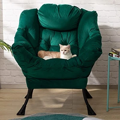 Obrázek HollyHOME křeslo Obývací pokoj Relaxační s loketními opěrkami, sametová látka na čtení Chaiselongue Fauler židle Relax Lounge ocelovým rámem, zelené