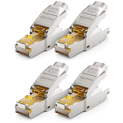Obrázek deleyCON 4x CAT 8 síťová zástrčka RJ45 bez nářadí, 40 Gbit/s pro tuhé instalační kabely Rohový kabel Konektor Ethernet LAN DSL patch