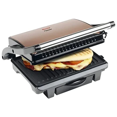 Obrázek Bestron elektrischer Kontaktgrill mit Auffangschale, Sandwichmaker Cool Touch Handgriff &amp; Antihaftbeschichtung, Paninimaker 1000 Watt, ASW113CO, Farbe: Kupfer, Ø 28,5 cm