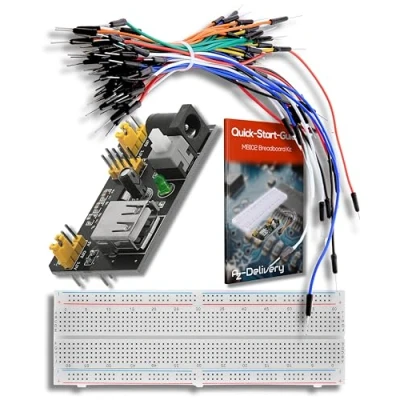 Obrázek AZDelivery MB 102 Breadboard Kit 830 Breadboard, síťový zdroj adaptér 3,3 V 5 V, 65 ks propojek kompatibilní s Arduino včetně e knihy!