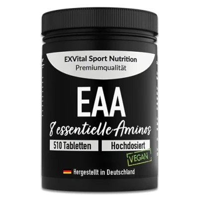 Obrázek EXVital EAA tablety po 1036 mg v každé tabletě 510 tablet, všech 8 esenciálních aminokyselin EAAs Multi Amino ve vysokých dávkách veganské plněné Německu bez přísad