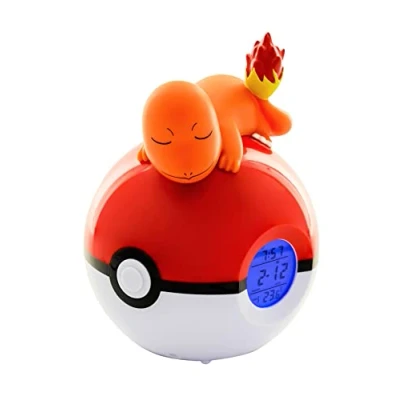Obrázek Teknofun Svítící budík Pokémon Salamèche spí na míči pokébalu multifunkční dává čas a dekor oranžová, červená bílá pro děti, sběratele