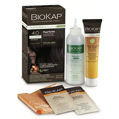 Obrázek BIOKAP RAPID permanentní barva na vlasy 4. 0 přírodní hnědá POUZE 10 minut působení Bio arganový olej TricoREPAIR komplex VEGAN Optimální krytí šedin až 80 % přírodních složek