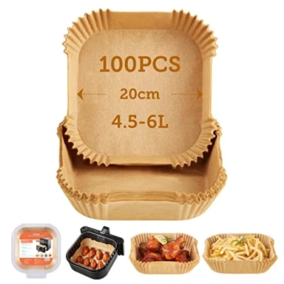 Obrázek Cosori Papír na pečení pro horkovzdušnou fritézu XXL 4 7,3 l, 100 kusů 20 cm, nebělené příslušenství horkovzdušné fritézy, jednorázové misky s nepřilnavým povrchem, pergamenový papír, kompatibilní