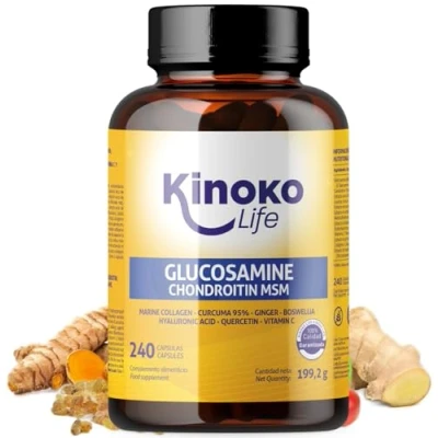 Obrázek Kinoko life Glukosamin a chondroitin 240 kapslí s MSM, mořským kolagenem, kyselinou hyaluronovou, kurkumou, černým pepřem, zázvorem, Boswellií quercetinem. Pro klouby, chrupavky kosti
