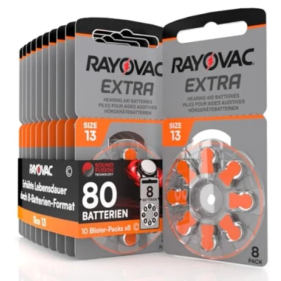 Obrázek 80 Batterien für Hörgeräte Rayovac Extra 13. 10 Blister à 8
