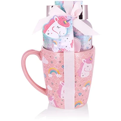 Obrázek BRUBAKER Cosmetics 5dílná sada do koupele a sprchy s jednorožcem Cherry Blossom dárková vůní třešňových květů v kelímku XXL jednorožec