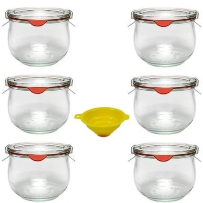 Obrázek 6 sklenic na buzení/kulaté okrajové sklenice ve tvaru tulipánu 500 ml včetně svorek, kroužků a plnicí trychtýře