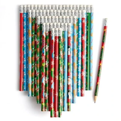 Obrázek THE TWIDDLERS 60 vánočních tužek s gumou, Santa Claus, vánoční stromek, sob, sněhulák, různé slavnostní designy pro děti, hračky, dárky, kornouty na párty