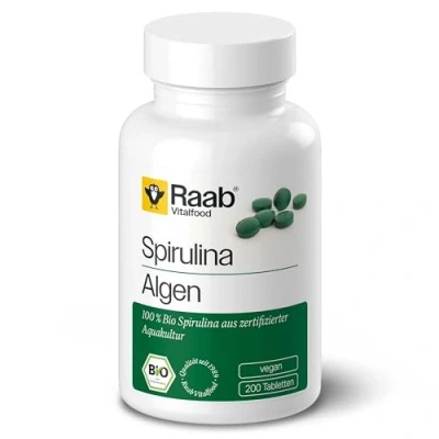 Obrázek Raab Vitalfood Bio tablety Spirulina, 200 kusů, veganské, laboratorně testovány, bez lepku, s vitaminem a K, přísad, mikrořas, 80 g