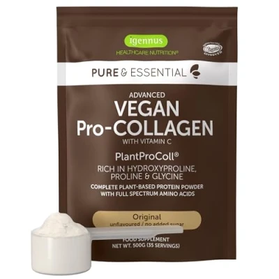 Obrázek Kolagenový prášek veganský s vitaminem C, rostlinný peptidový kolagen 21 aminokyselinami a 80 % bílkovinných bílkovin, bez přísad, 500 g, od Igennus