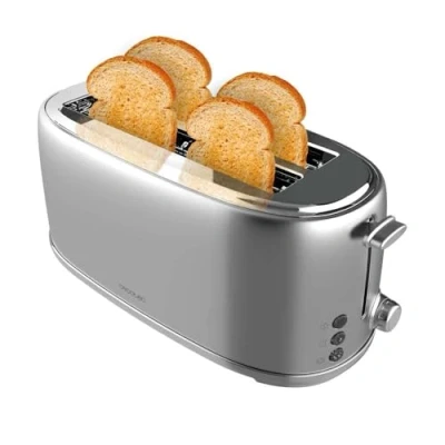 Obrázek Cecotec Toustovač 4 plátky toustovače &amp; tlačítko 1600 Retro Double Inox, 1630 W, 2 šířky a dlouhé otvory 3,8 cm, ušlechtilá ocel, horní rošt, regulovatelný výkon, zásuvka na drobky