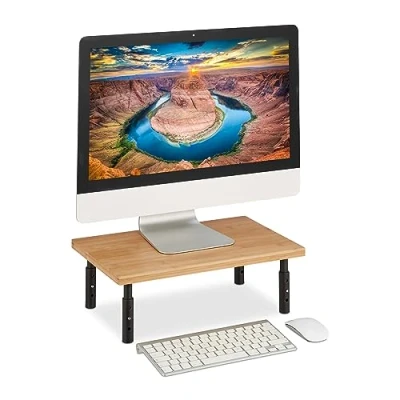 Obrázek Relaxdays Stojan na monitor, výškově nastavitelný, V x Š H: 16 42 26,5 cm, výška obrazovky pro psací stůl, přírodní/černá