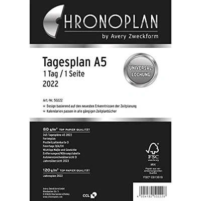 Obrázek Chronoplan 50222 kalendářová vložka 2022, denní plán ve formátu A5 (148 x 210 mm), náhradní kalendář, ideální pro detailní plánování, vícenásobné děrování (1 den na 1 straně), bílá