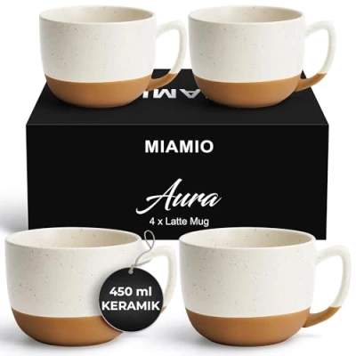 Obrázek MIAMIO Tassen 450 ml, 4er Set Keramik Latte Tassenset Elegantes, modernes Kaffeetassen für Café, Tee, heiße Schokolade Spülmaschinen &amp; mikrowellengeeignet Aura Kollektion