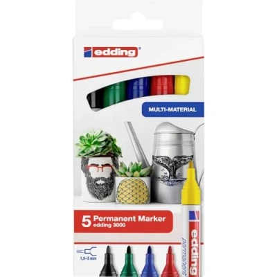 Obrázek edding 3000 Permanentmarker rot, blau, gün, gelb, schwarz 5er Set Rund Spitze 1,5 3 mm schnell trocknend, wasserfest, wischfest für Karton, Kunststoff, Holz, Metall Universalmarker