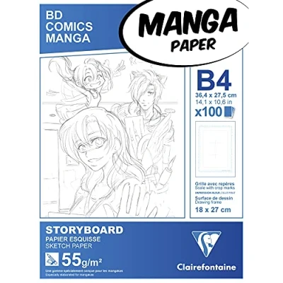 Obrázek Clairefontaine 94040C manga Block Storyboard (ideální pro znaky a multitechnik, DIN B4, 27,5 x 37,4 cm, 100 listů, 55 g, se šestidílnou mřížkou), bílý