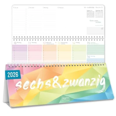 Obrázek Häfft® týdenní stolní kalendář 2026 na šířku s funkcí &quot;Rainbow&quot; 1 týden 2 strany, psací stůl texty, 29,7 x 11,6 cm udržitelný &amp; šetrný k klimatu