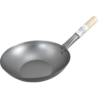 Obrázek JADE TEMPLE Wok z uhlíkové oceli, s plochým dnem a průměrem 30 cm, kulatou dřevěnou rukojetí