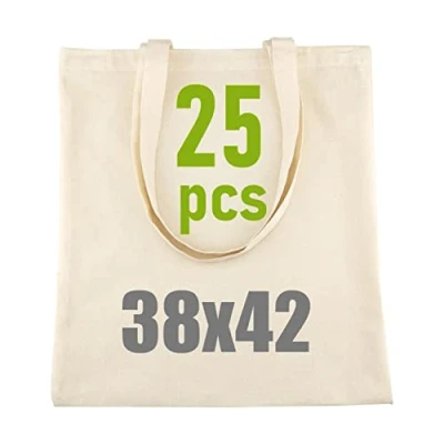 Obrázek IDEA HOME 25 kusů bavlněné tašky 38 x 42 cm velká jutová taška látkový sáček bez potisku, možnost personalizace vyšívání nebo malování látková se dvěma dlouhými uchy certifikát Ökotex