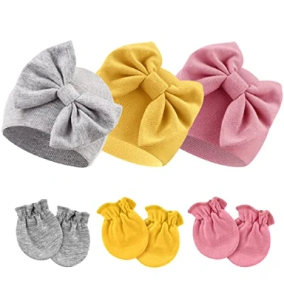 Obrázek DRESHOW Novorozenec Čepice klobouk a rukavice Sada Beanie Oblečení Unisex Infant školka čepice Baby chlapci dívky 0 6 měsíců, 3 sady: Bow Hats &amp; Mittens Set78 04uk