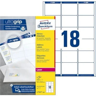 Obrázek AVERY Zweckform L7161 100 Adresní štítky/nálepky na adresu (1 800 etiket s ultragripem, 63,5 x 46,6 mm A4, k potisku, samolepicí, pro dopisní obálky DIN B6/C6, papír matný) listů, bílá
