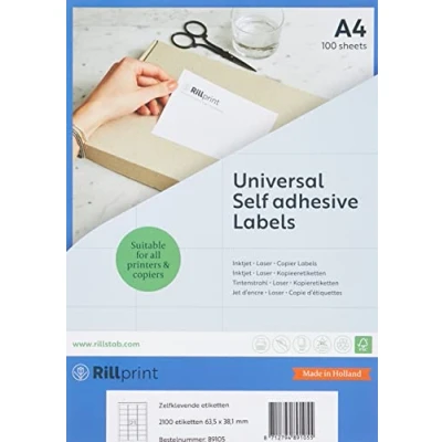 Obrázek Rillprint víceúčelové samolepicí etikety 2100 kusů 63,5 x 38,1 mm 21 lepicích etiket na jeden list formátu A4 potisknutelné a snímatelné univerzální nálepky adresu 100 listů, bílé