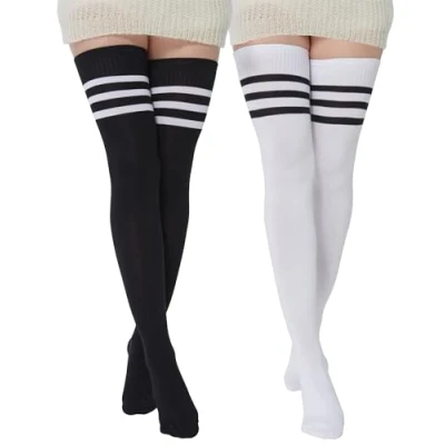Obrázek BABAHU Extra lange Overknee Socken für Damen, Baumwolle, gestreift, A Z, Schwarz und Weiß, 02, Einheitsgröße