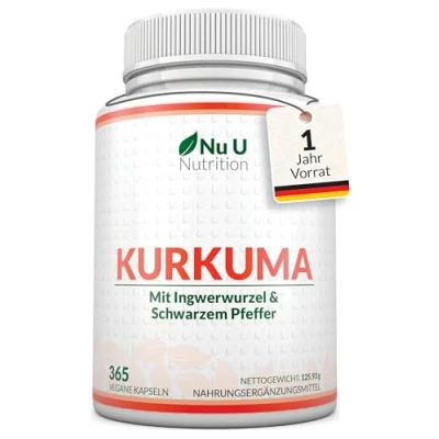 Obrázek Kurkuma Kapseln Hochdosiert 365 Vegane 1 Jahr Vorrat 720mg Curcuma Pulver mit Ingwer &amp; Piperin pro Tag Curcumin, Schwarzer Pfeffer Nu U Nutrition
